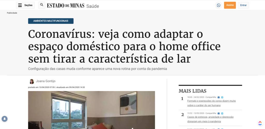 Estado de Minas: "Coronavírus: veja como adaptar o espaço doméstico para o home office sem tirar a característica de lar" - Mídia - Painel