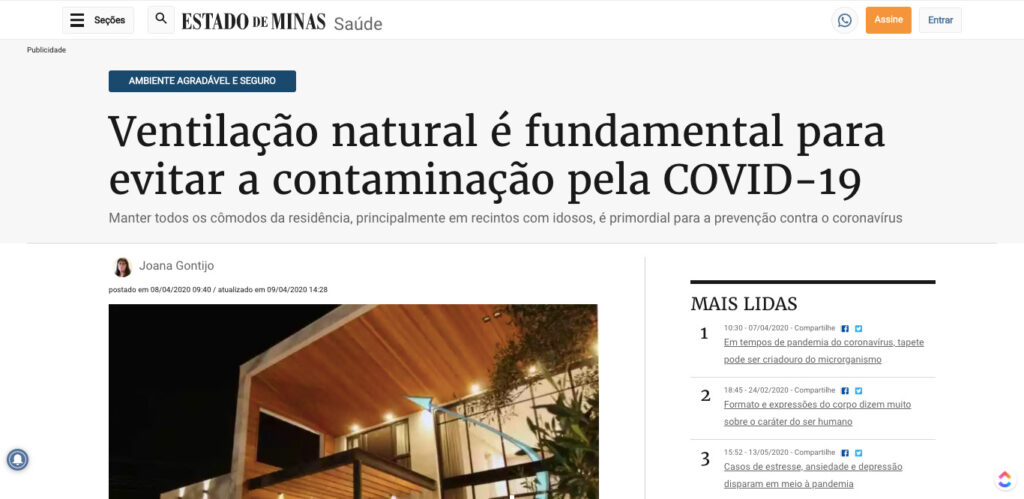 Estado de Minas: "Ventilação natural é fundamental para evitar a contaminação pela COVID-19" - Mídia - Painel